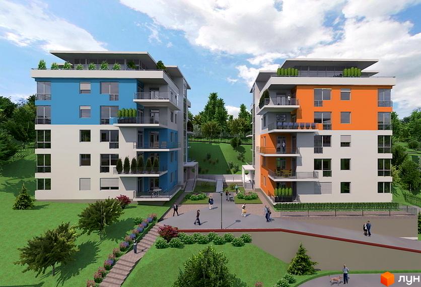 Візуалізація Комплексу Оберіг з кольоровими фасадами та балконами. Навколо зелена територія з пішохідними доріжками та ландшафтним дизайном.