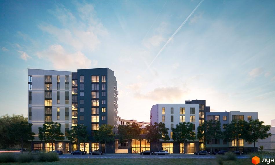 Житловий комплекс Басів схил: багатоповерхові будинки з сірими та світлими фасадами, великими вікнами. Навколо є дерева та дорога з автомобілями.