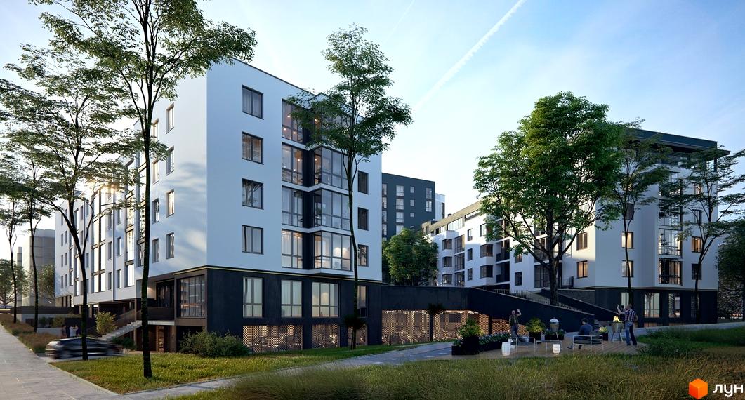 Житловий комплекс Басів схил з білими та темно-сірими фасадами, великими вікнами. Навколо багато зелені, дерева, пішохідні доріжки та зона відпочинку.