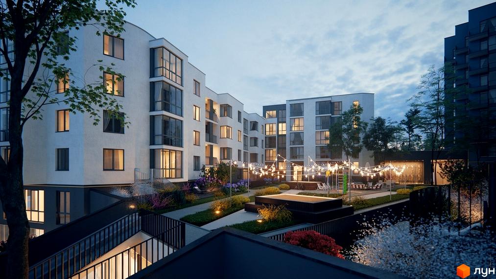 Житловий комплекс Басів схил з білими багатоповерховими будинками та великими вікнами. Вечірній двір з освітленими доріжками, зеленими насадженнями та декоративними ліхтарями.