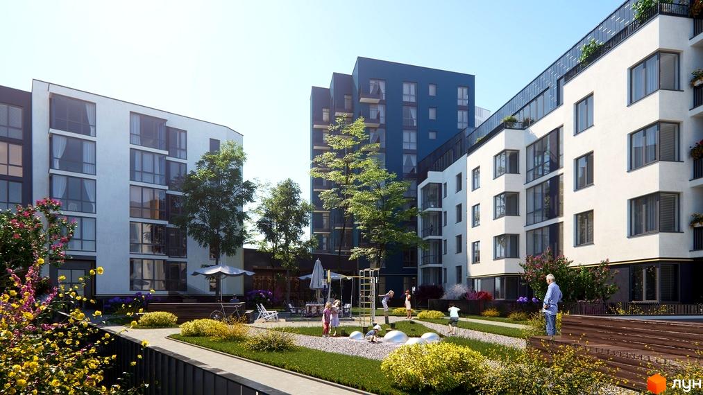 Житловий комплекс Басів схил: багатоповерхові будинки, синій та світлі, з великими вікнами. Двір з дитячим майданчиком, деревами та кущами.