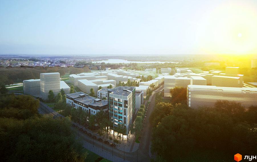 Новобудова Басів схил: багатоповерховий будинок з світлими та темними фасадами. Прибудинкова територія з зеленню, видом на водойму та місто.