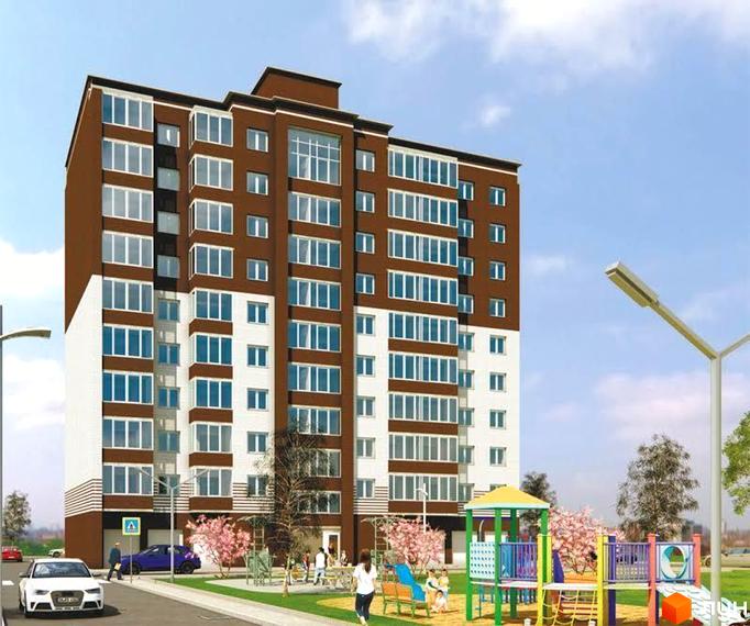 Новобудова ЖК Аристократ: коричнево-білий будинок з великою кількістю вікон та балконів. Поруч дитячий майданчик та зелена зона.