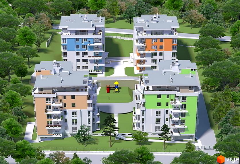 Зображення Житлового комплексу Оберіг: чотири багатоповерхові будинки з різнокольоровими фасадами, дитячий майданчик та зелена прибудинкова територія.