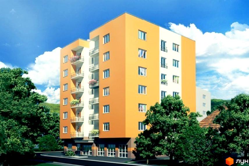 Зображення фасаду та прибудинкової території Новобудови по вулиці Сулими, 19. Багатоповерховий будинок з балконами та зеленими насадженнями.