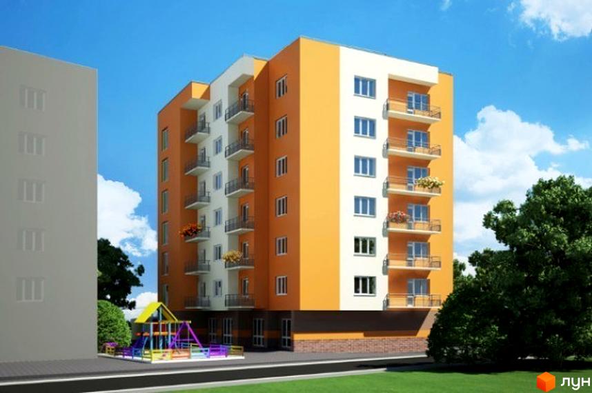 Зображення фасаду будинку на Сулими, 19. Житловий комплекс з балконами та дитячим майданчиком на прибудинковій території.