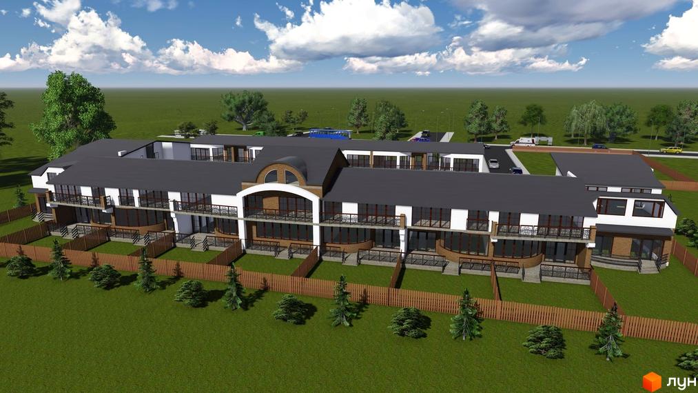 Котеджне містечко Солтвіль: візуалізація будинку з білими фасадами, темними дахами та балконами. Перед будівлею розташовані зелені газони, огороджені ділянки та молоді дерева.