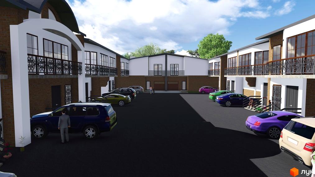 Котеджне містечко Солтвіль: двоповерхові будівлі з цегляним низом та білими фасадами, великі вікна, балкони. Простора парковка з автомобілями.