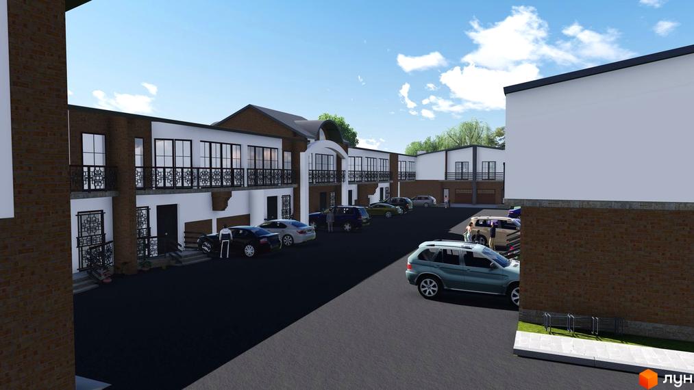 Котеджне містечко КМ Солтвіль: фасади будинків з балконами та парковка з автомобілями. Зовнішній вигляд новобудови та прибудинкова територія.