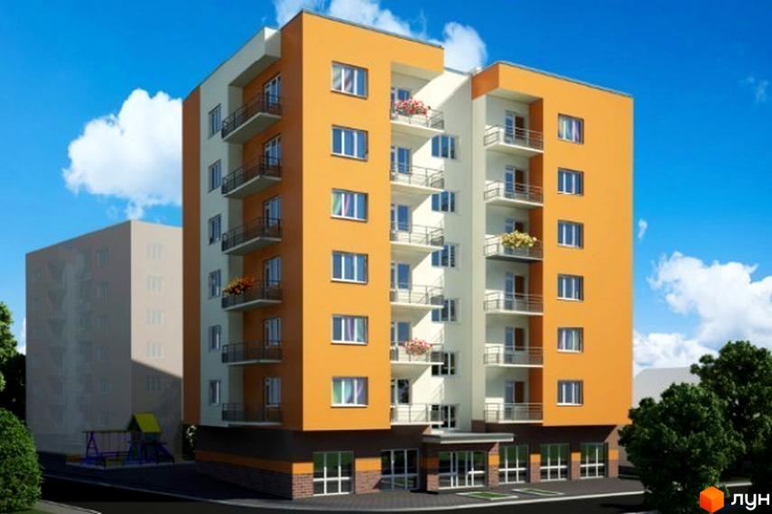 Зображення фасаду Житлового комплексу на вулиці Сулими, 19. Багатоповерхова будівля з балконами та квітами на них.