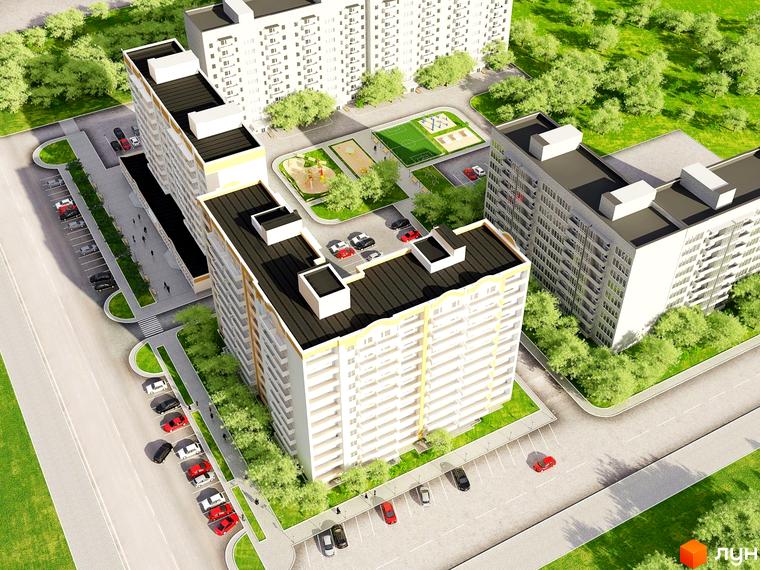 Житловий комплекс на вул. Академіка Корольова, 20. Сучасні багатоповерхові будинки з акуратними парковками та зеленими зонами.