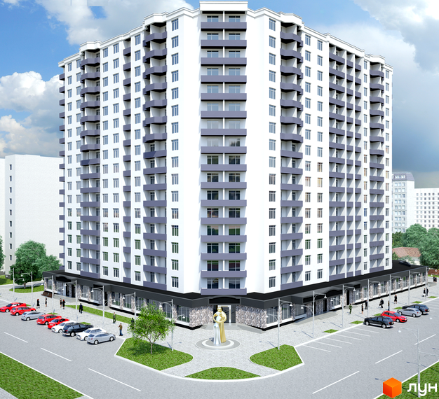 Зовнішній вигляд новобудови ЖК Надія з численними балконами та сучасним дизайном. На прибудинковій території розташовані автомобілі та пішохідна зона з фонтаном.
