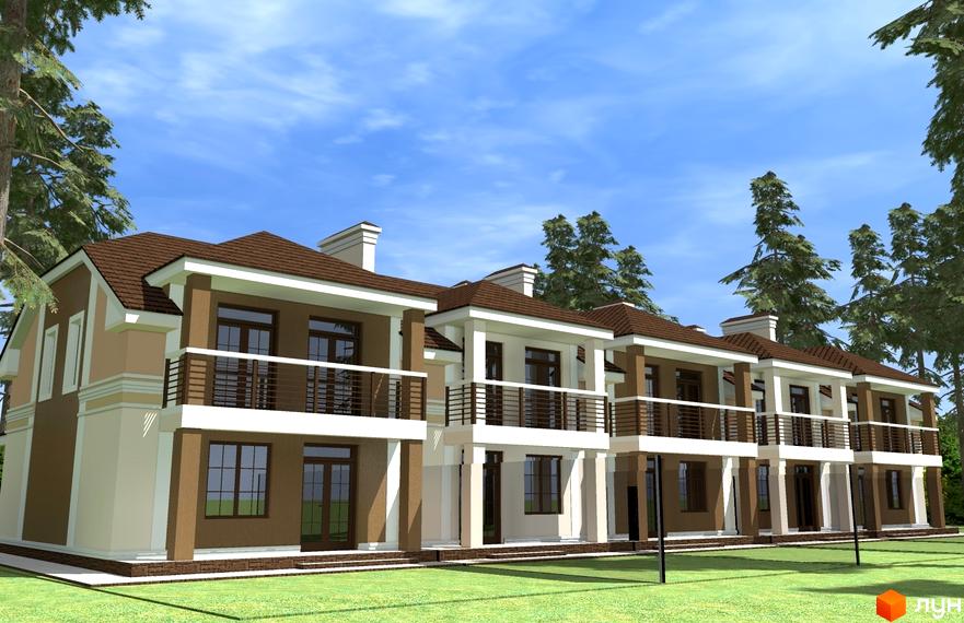 Таунхаус „Діброва“ — це двоповерхові будинки коричневого та бежевого кольору з коричневими дахами та балконами. Навколо будинків зелена галявина та дерева.