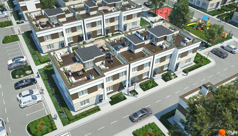 Зовнішній вигляд Country Townhouse - триповерхові будинки з терасами та паркомісцями. На прибудинковій території дитячий майданчик та зона відпочинку.