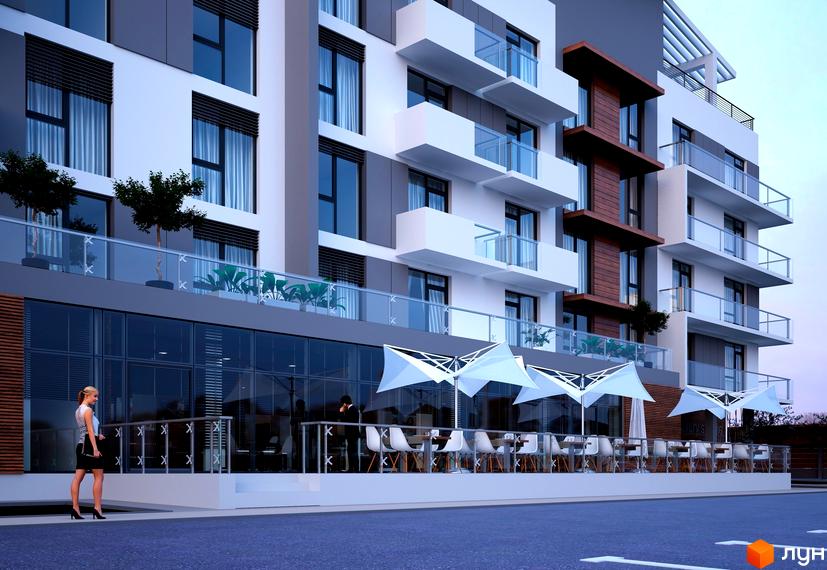 Новобудова ЖК Luxury Square з панорамними вікнами та балконами, зовні розташовані тераси з парасольками та місцями для відпочинку.