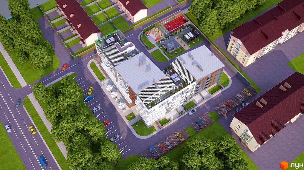Житловий комплекс Luxury Square: білі фасади будівель з балконами та терасами. Територія включає парковку, зелені зони та дитячий майданчик.
