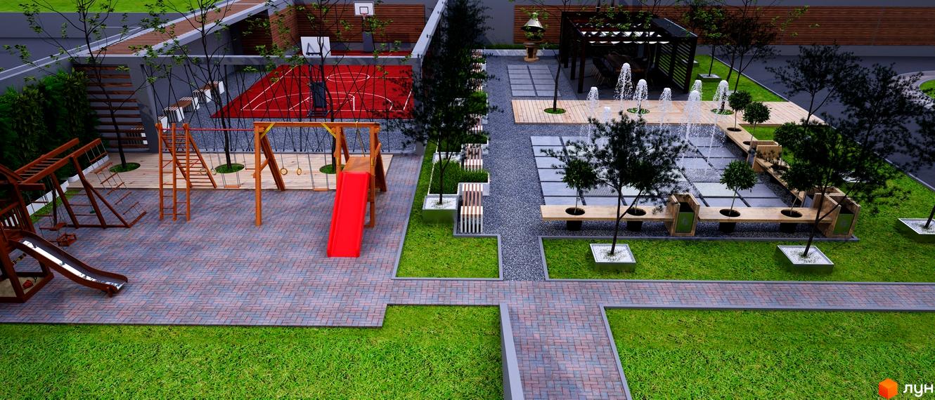 Дитячий майданчик та зона відпочинку з фонтанами біля житлового комплексу Luxury Square. На території є баскетбольне поле, гойдалки, гірки та лавки.