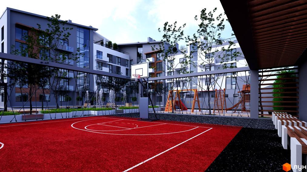 Житловий комплекс Luxury Square з баскетбольним майданчиком та дитячим майданчиком. Сучасна архітектура будівель та доглянута прибудинкова територія.