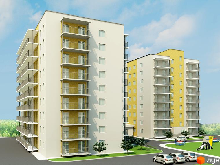 Новобудова на вул. Сірожупанної дивізії, 12б: білі та жовті фасади, балкони, дитячий майданчик та парковка. Зовнішній вигляд будинку та прибудинкова територія.