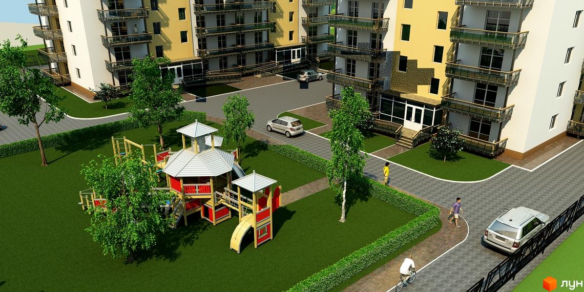 Зовнішній вигляд житлового комплексу на вул. Сірожупанної дивізії (4-а Продольна), 12б, з дитячим майданчиком та прибудинковою територією. Фото новобудови.