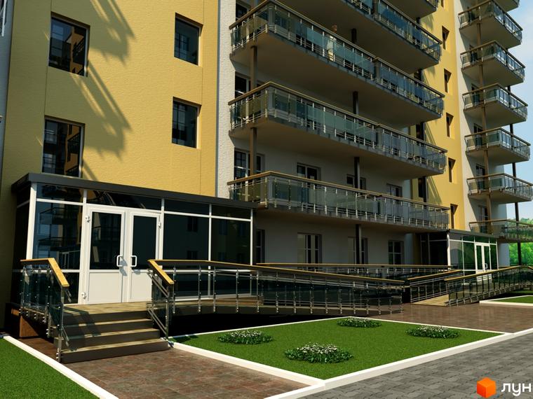 Зовнішній вигляд новобудови на вул. Сірожупанної дивізії (4-а Продольна), 12б. Прибудинкова територія з газоном та доріжками.