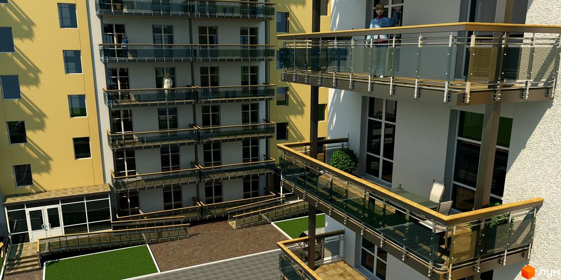 Зовнішній вигляд житлового комплексу на вулиці Сірожупанної дивізії, 12б. Балкони з скляними огорожами та дерев'яними елементами, фасади будівель. Прибудинкова територія з газоном та бруківкою.