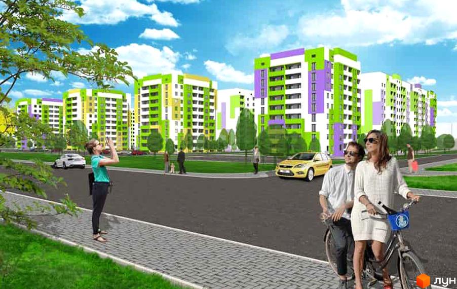 Житловий комплекс Миру-4: яскраві фасади будинків з зеленими та фіолетовими елементами, зелена прибудинкова територія з деревами та людьми, що відпочивають.