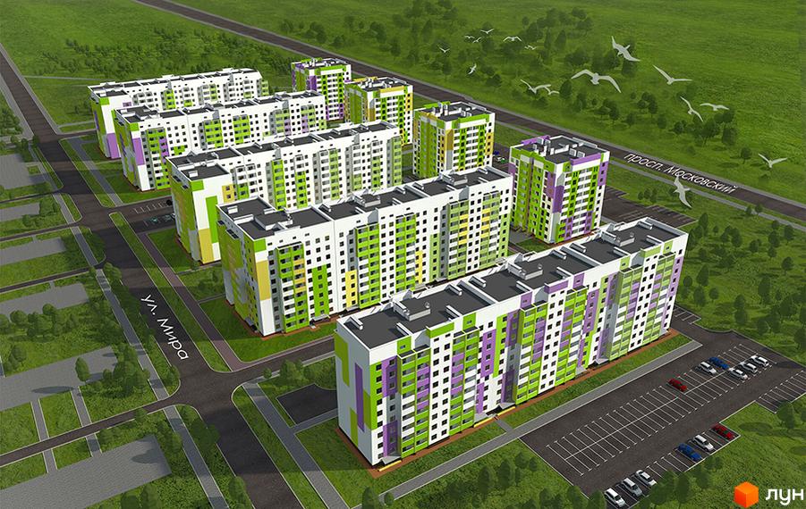 Житловий комплекс Миру-4 з яскравими фасадами в зелених та фіолетових тонах. Навколо новобудови розташовані зелені зони та паркувальні місця з автомобілями.