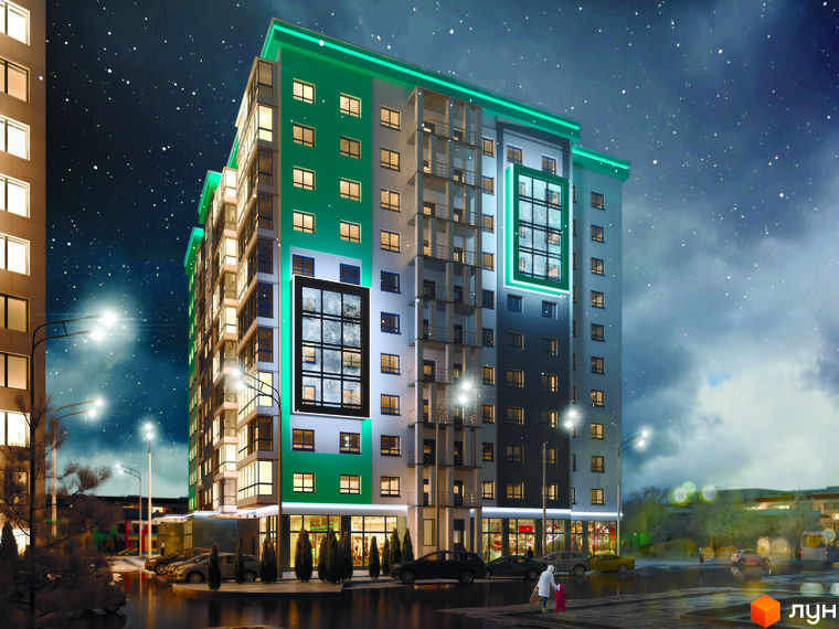 Житловий комплекс SkyCity вночі. Багатоповерховий будинок з підсвіткою та вікнами. Поруч дорога з машинами та пішоходи.