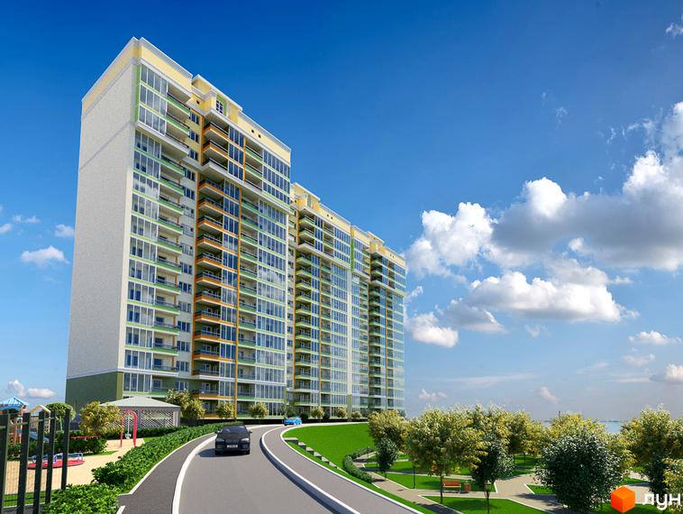 Житловий комплекс River House з багатоповерховими будинками та балконами. На прибудинковій території розташований дитячий майданчик та зелені насадження.