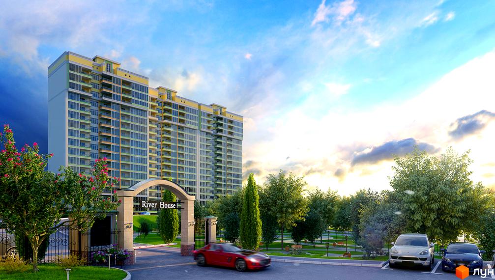 Житловий комплекс River House - це сучасна новобудова з яскравим фасадом та просторими балконами. Територія комплексу озеленена, з доглянутими газонами, деревами та місцями для відпочинку.