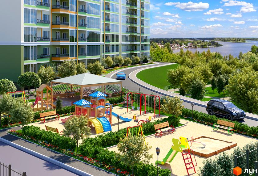 Житловий комплекс River House з яскравим фасадом та дитячим майданчиком. Навколо зелені насадження та вид на річку.