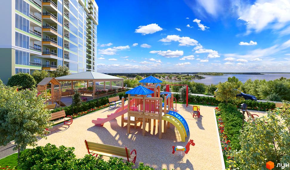 Новобудова ЖК River House з дитячим майданчиком та зоною відпочинку біля річки. Сучасний житловий комплекс з видом на воду та зелені насадження.
