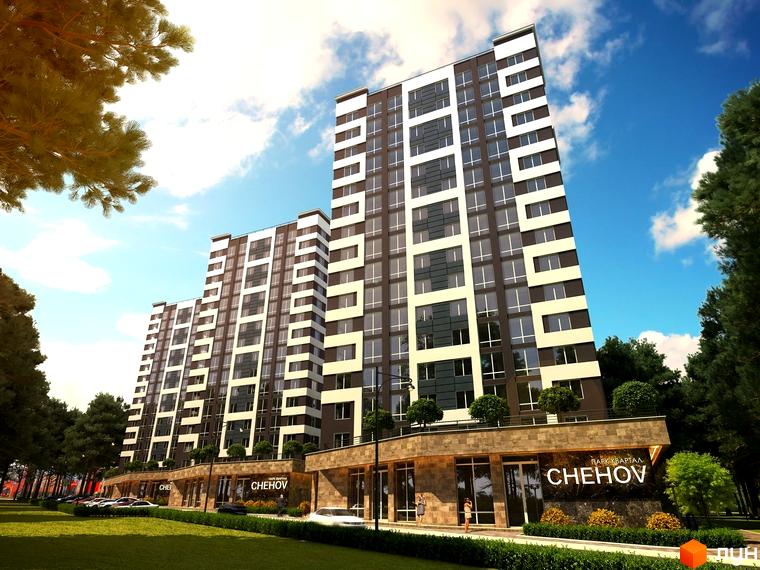 Житловий комплекс Chehov Парк Квартал – сучасна новобудова з елегантним фасадом та доглянутою прибудинковою територією. Будинки мають багато вікон та комерційні приміщення на першому поверсі.