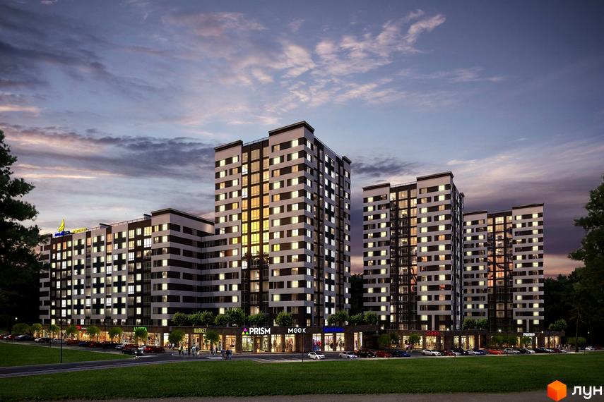 Житловий комплекс Chehov Парк Квартал. Сучасна архітектура з фасадами, що світяться ввечері, та доглянутою прибудинковою територією.
