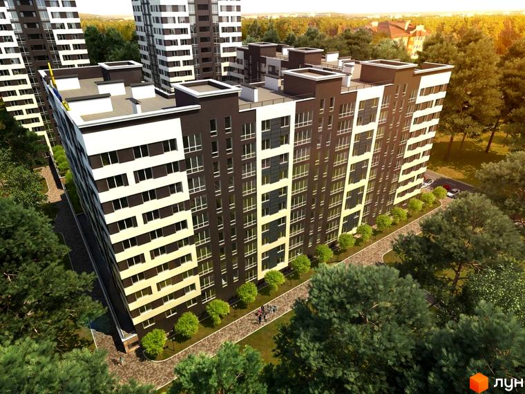 Зовнішній вигляд багатоповерхового будинку ЖК Chehov Парк Квартал з темними та світлими фасадами. Прибудинкова територія з зеленими деревами та доріжками для пішоходів.