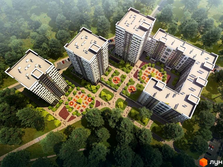 Вид зверху на житловий комплекс Chehov Парк Квартал з високими будинками та доглянутою прибудинковою територією з дитячими майданчиками та зеленими зонами.