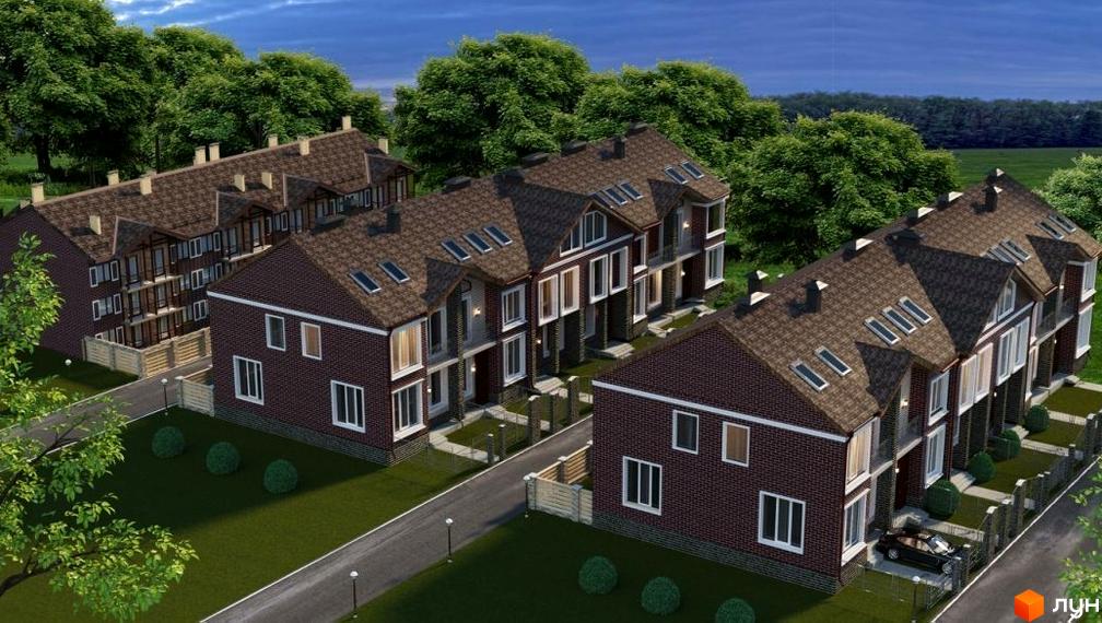 Зовнішній вигляд таунхаусів Hotov Residence з цегляним фасадом та двосхилими дахами. Прибудинкова територія з доглянутим газоном, кущами та дорогою.