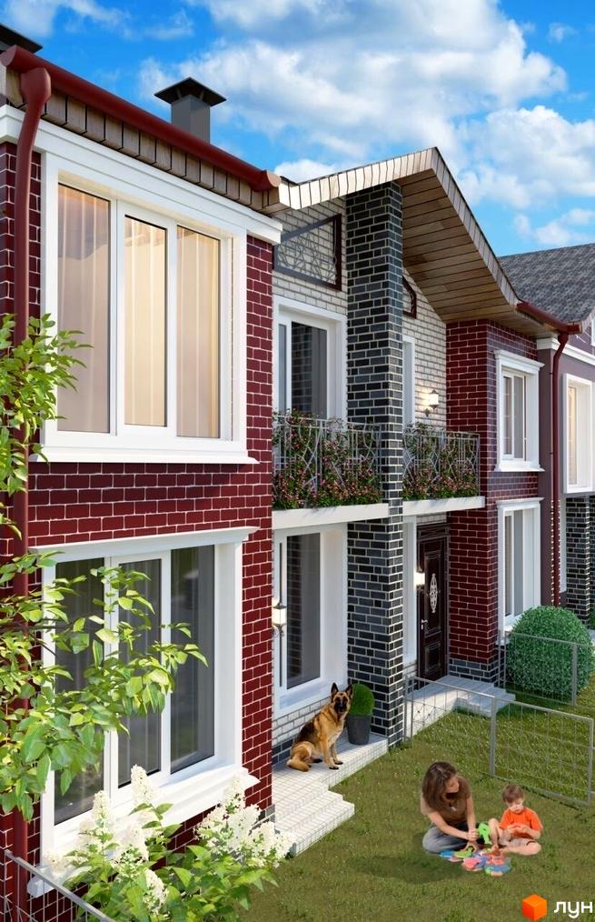 Таунхауси Hotov Residence з червоної та сірої цегли з білими вікнами та балконами. Прибудинкова територія з газоном, деревами та дитиною з мамою.