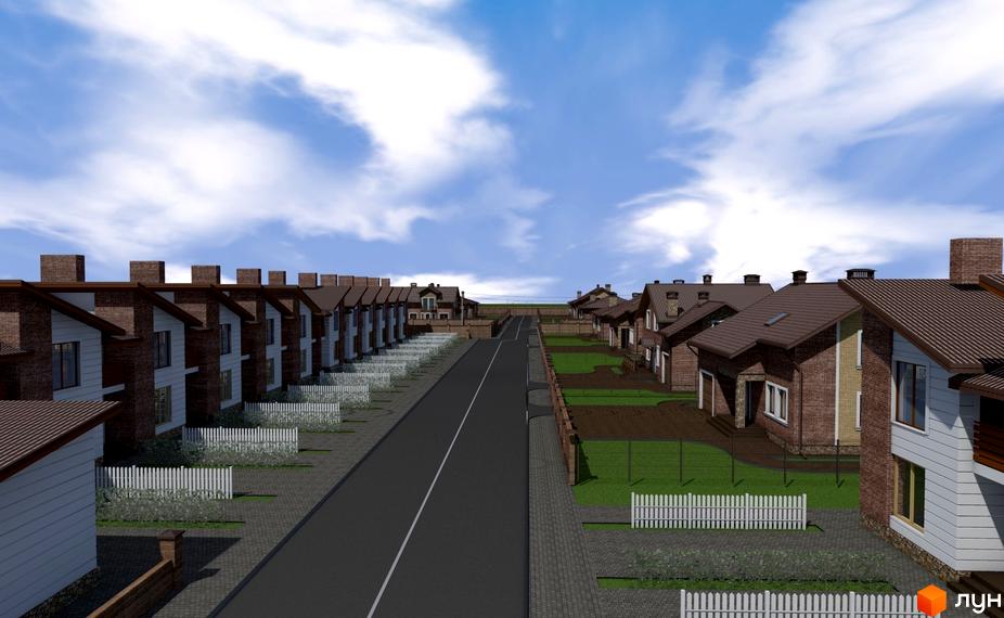 Котеджне містечко Струмочок: фасади будинків з цегли та білої штукатурки, дахи коричневого кольору. Територія з асфальтованою дорогою, парканами та зеленими ділянками.