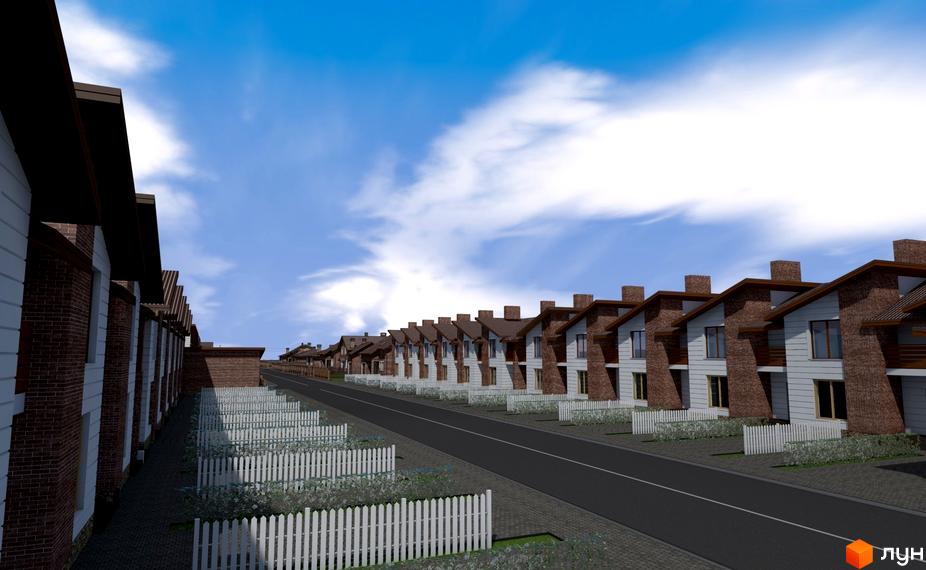 Котеджне містечко Струмочок: будинки з цегляними та білими фасадами, темними дахами. Перед будинками асфальтована дорога та білі паркани.