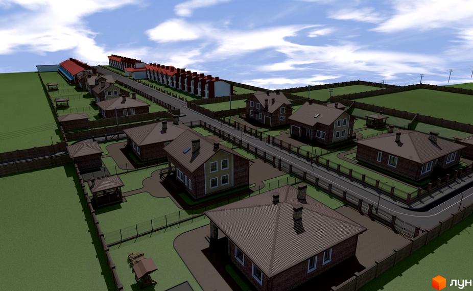 Котеджне містечко Струмочок: двоповерхові цегляні будинки з коричневими дахами, огороджені ділянки та зелені зони. Ознайомтеся з проєктом забудови.