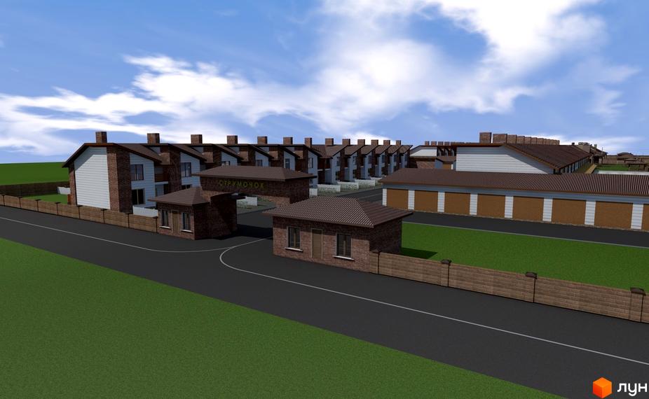 Котеджне містечко Струмочок: фасади будинків з цегли та білої штукатурки, зелений газон та паркан навколо території.