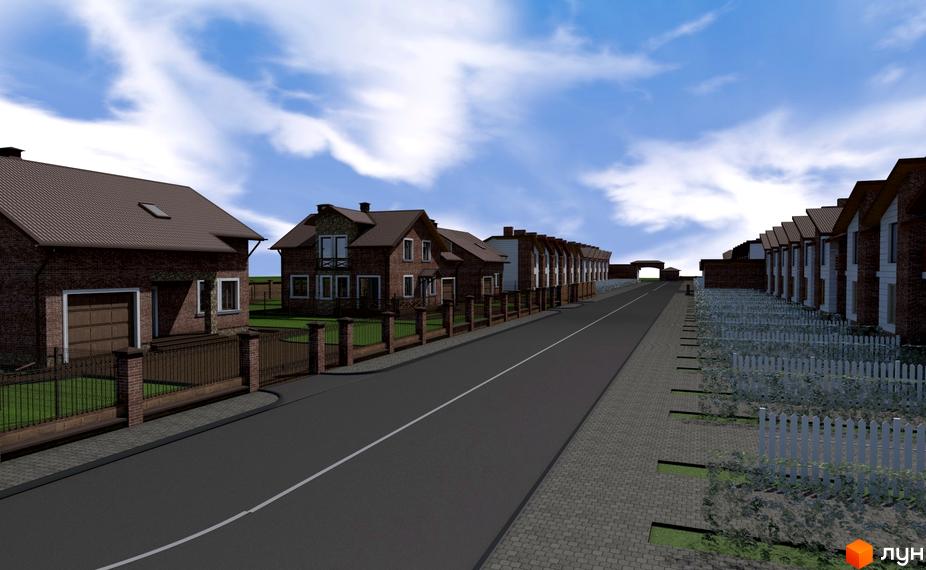 Котеджне містечко Струмочок: цегляні будинки з коричневими дахами та парканами вздовж асфальтованої дороги. Прибудинкова територія з білими парканами та зеленню.