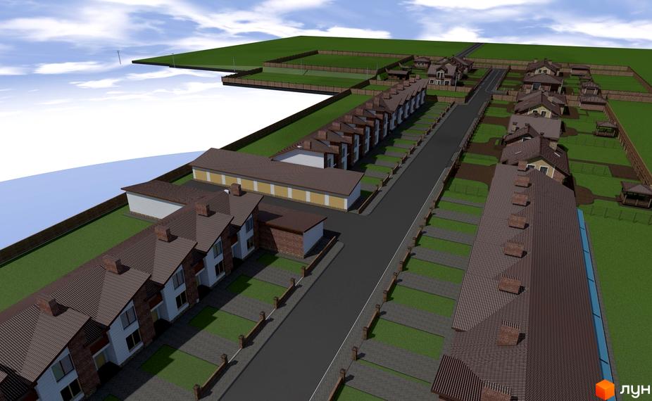 Котеджне містечко Струмочок: вид з висоти пташиного польоту на ряд двоповерхових будинків з коричневими дахами та прибудинкову територію з зеленими газонами та парковками.