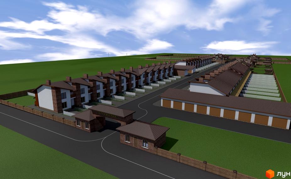 Котеджне містечко Струмочок: вид на ряди двоповерхових будинків з коричневими дахами та цегляними фасадами, огороджена територія з зеленими газонами та доглянутою прибудинковою територією.