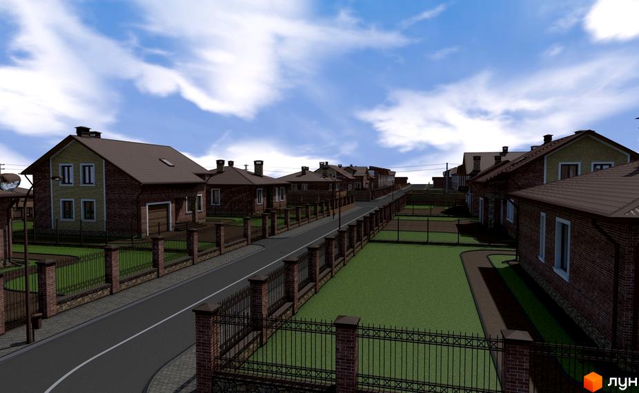 Котеджне містечко Струмочок: цегляні будинки з коричневими дахами та доглянутою прибудинковою територією. Асфальтована дорога з огорожею та зеленими газонами.