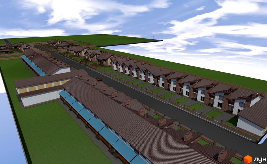 Котеджне містечко Струмочок: сучасні будинки з коричневими дахами та акуратними подвір'ями. Зелена територія та доглянуті вулиці створюють затишну атмосферу.