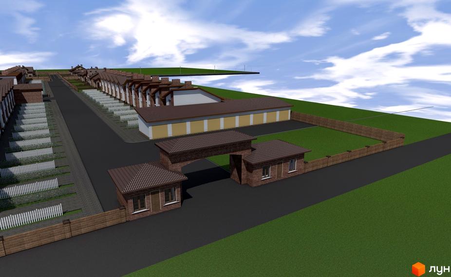 Котеджне містечко Струмочок: огляд фасаду цегляних будинків з коричневими дахами та в'їзною брамою. Територія комплексу з доглянутими газонами та парканом.