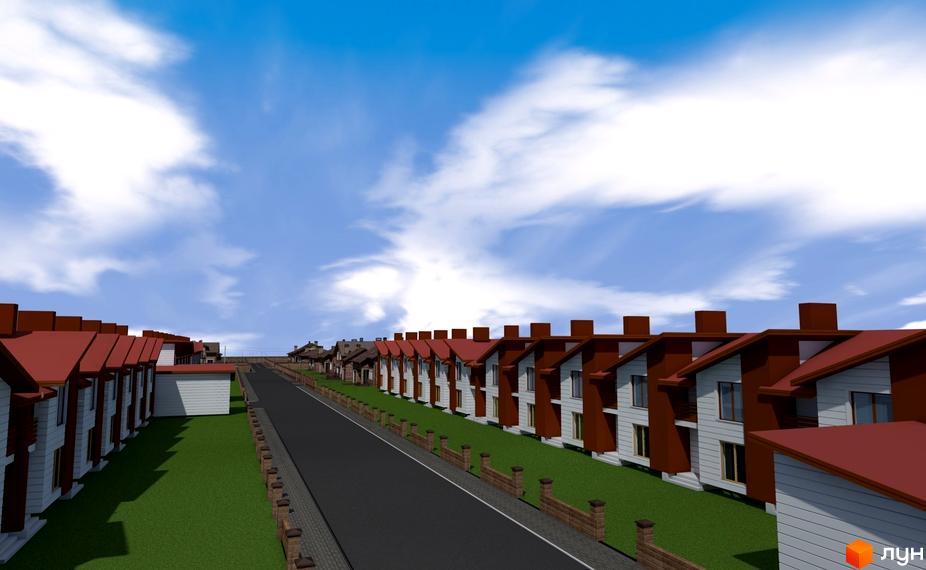 Котеджне містечко Струмочок: ряд білих будинків з коричневими дахами та фасадами вздовж асфальтованої дороги. Зелена галявина з парканом.